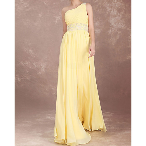 

A-Line Beautiful Back Elegant Wedding Guest Formal Evening Dress One Shoulder Sleeveless Floor Length Chiffon with Pleats Crystals 2021