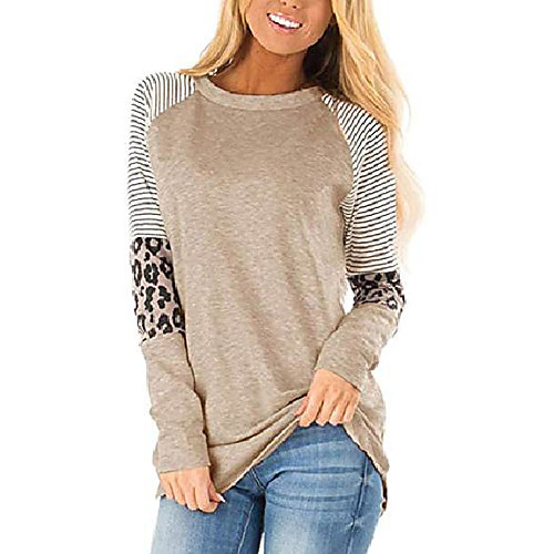 

women's striped long sleeve t-shirt casual crew neck color block leopard tunic blouse tops khaki