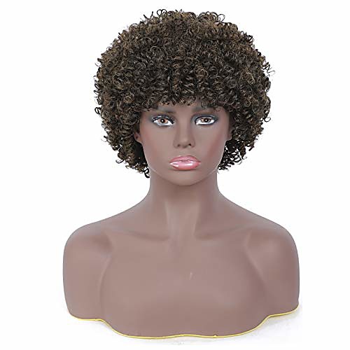 

short afro kinky curly wig with bangs curly wigs for black women synthetic heat resistant wigs natural looking hair lightweight soft curly wig (1b/27)