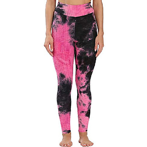 

womens tie dye high waist textured leggings tummy control yoga pants, black pink, small