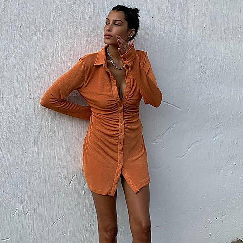 

Women's Sheath Dress Short Mini Dress Orange Green Long Sleeve Solid Color Fall Shirt Collar Elegant 2021 S M L XL