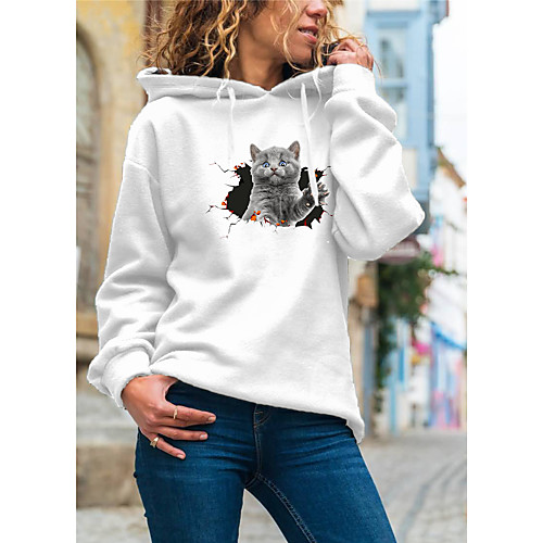 

Women's Pullover Hoodie Sweatshirt Cat Graphic 3D Daily Basic Casual Hoodies Sweatshirts White