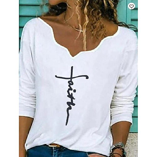 

Women's T-shirt Letter Long Sleeve Print V Neck Tops Basic Basic Top White Black