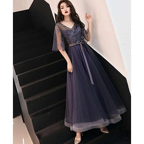 

A-Line Elegant Sexy Prom Formal Evening Dress V Neck Half Sleeve Floor Length Lace with Embroidery 2021