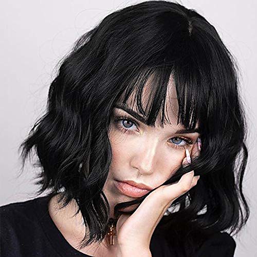 

short curly wavy wig with bangs black bob wavy short wigs for women shoulder length synthetic heat resistant fiber wigs (black)