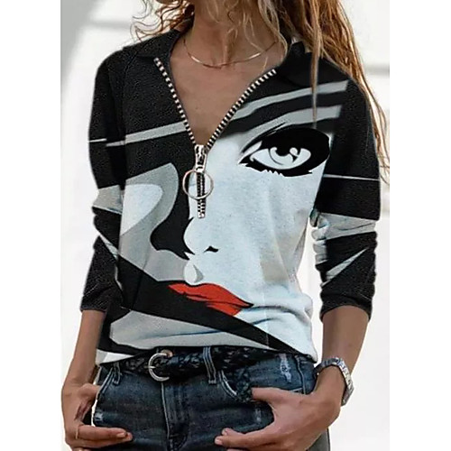 

Women's T shirt Graphic Prints Long Sleeve Quarter Zip Print V Neck Shirt Collar Tops Basic Basic Top Black Blue Wine