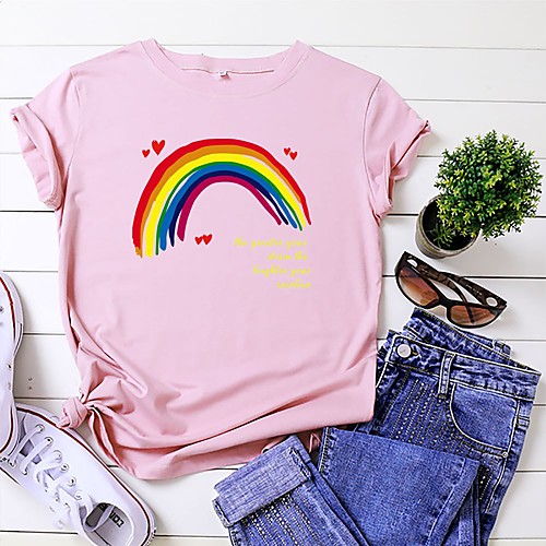 

Women's T shirt Rainbow Heart Graphic Prints Print Round Neck Tops 100% Cotton Basic Basic Top Black Blue Yellow