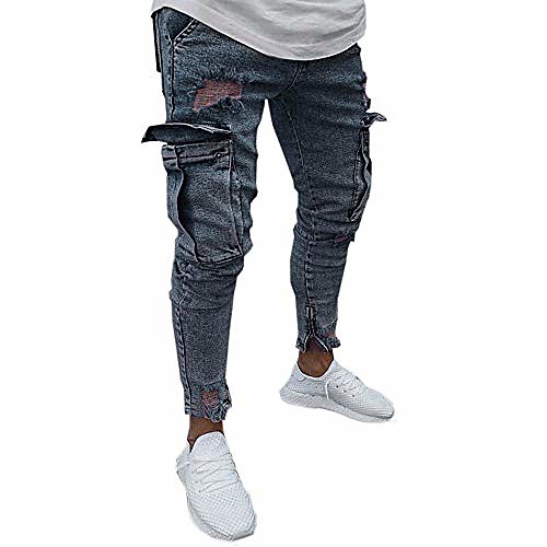 

mens stretch denim pant distressed ripped freyed slim fit pocket jeans trousers navy