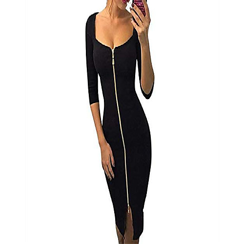 

women sexy front zipper half sleeve bodycon midi dress (style 3-black,s)