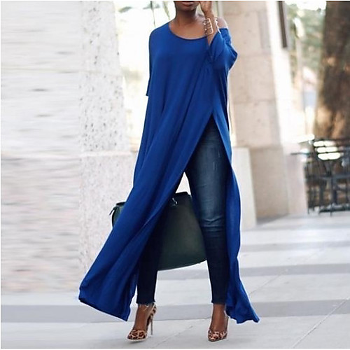 

Women's T Shirt Dress Tee Dress Maxi long Dress Black Blue Purple Red Long Sleeve Solid Color Split Patchwork Fall Round Neck Casual 2021 S M L XL XXL 3XL 4XL 5XL