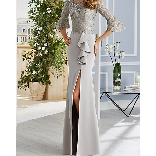 

Sheath / Column Minimalist Elegant Wedding Guest Formal Evening Dress Illusion Neck Half Sleeve Floor Length Charmeuse with Ruffles Split 2021