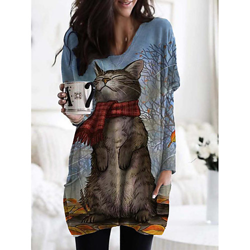 

Women's Blouse Shirt Cat Long Sleeve Print V Neck Tops Basic Top Blue