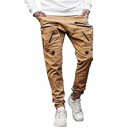 

men's fashion solid color leisure sports pants comfortable multi pocket overalls khaki