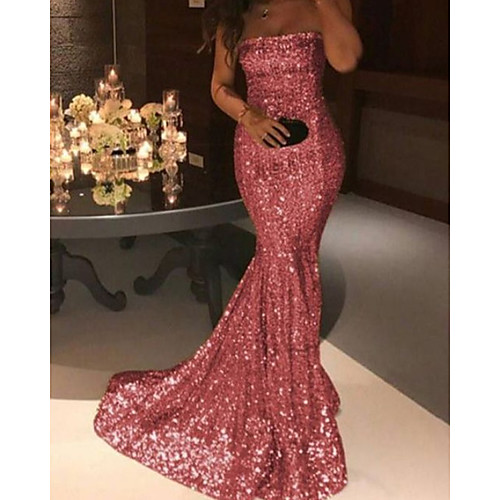 

Mermaid / Trumpet Glittering Sexy Engagement Formal Evening Valentine's Day Dress Off Shoulder Sleeveless Sweep / Brush Train Sequined with Sequin 2021