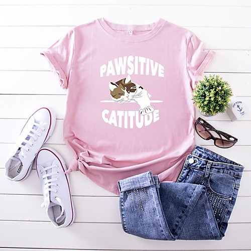 

Women's T-shirt Cat Graphic Prints Letter Round Neck Tops 100% Cotton Basic Basic Top White Black Yellow