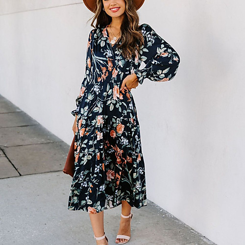 

Women's Swing Dress Maxi long Dress Blue Long Sleeve Print Ruched Print Fall V Neck Casual Slim 2021 S M L XL