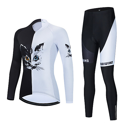

21Grams Women's Long Sleeve Cycling Jersey with Bib Tights Cycling Jersey with Tights Winter White Black BlackWhite Cat Animal Bike Breathable Quick Dry Sports Cat Mountain Bike MTB Road Bike Cycling