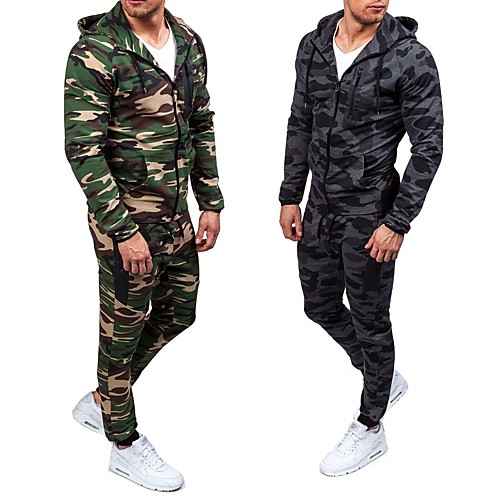 

Men's Hoodie Outdoor Windproof Breathability Soft Thick Fall Winter Spring Camo / Camouflage Clothing Suit Polyester Camping / Hiking Hunting Fishing Army Green Grey / 2pcs
