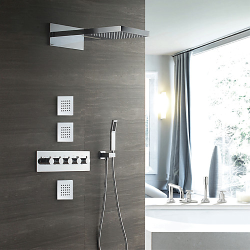 

Chrome Shower Faucets Sets Complete with Solid Brass Shower Head and Handshower Ceiling Mounted Included Rainfall / Waterfall Shower System