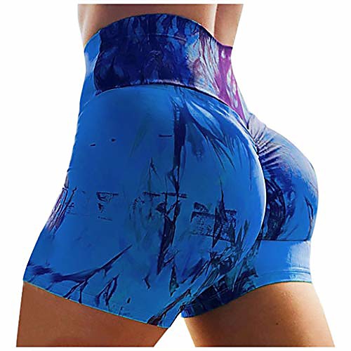 

women's high waisted tie-dye sports butt lifting legging biker yoga shorts tummy control workout running booty pants (blue, s)