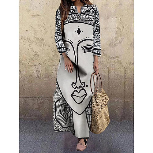 

Women's A Line Dress Maxi long Dress White Gray 3/4 Length Sleeve Print Print Fall V Neck Hot Elegant 2021 M L XL XXL 3XL 4XL