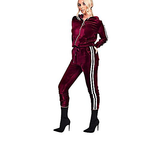 

womens fashion new velvet soft sportswear stripe long sleeve flannel jacket hoodies long pants 2 pieces set tracksuit (red wine, m)