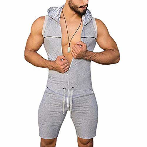 

mens hooded romper tracksuit overall zip up short playsuit (grey, small)