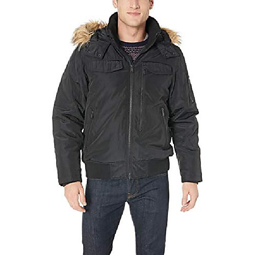 

men's short parka jacket, faux fur trim black, s
