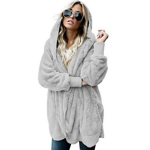 

women hooded cardigan fuzzy jacket winter open front fleece coat outwear with pockets lightblue s