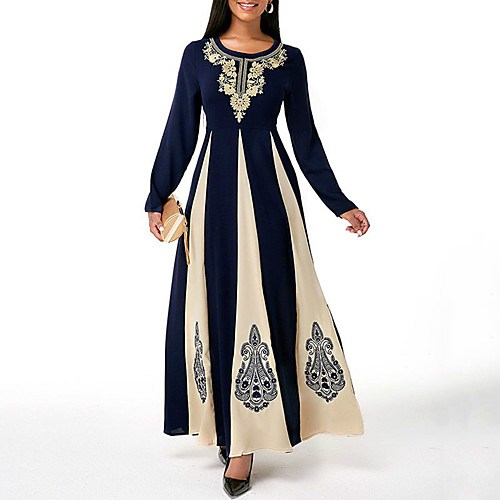 

Women's Swing Dress Maxi long Dress Black Long Sleeve Print Zipper Print Fall Round Neck Casual 2021 S M L XL XXL