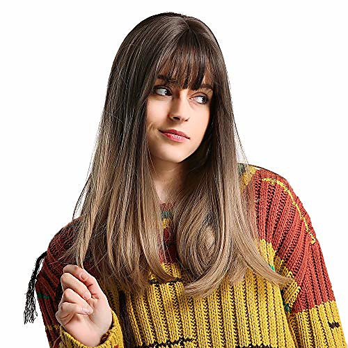 

brown long wigs for women middle parting 22 inch natural straight heat resistant synthetic wigs for white women with bangs