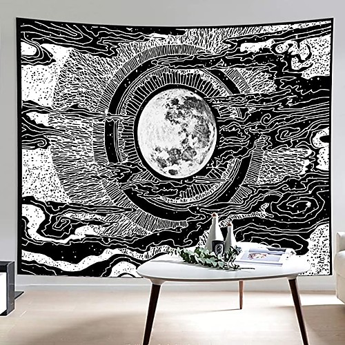 

Wall Tapestry Art Decor Blanket Curtain Picnic Tablecloth Hanging Home Bedroom Living Room Dorm Decoration Polyester Black And White Moon