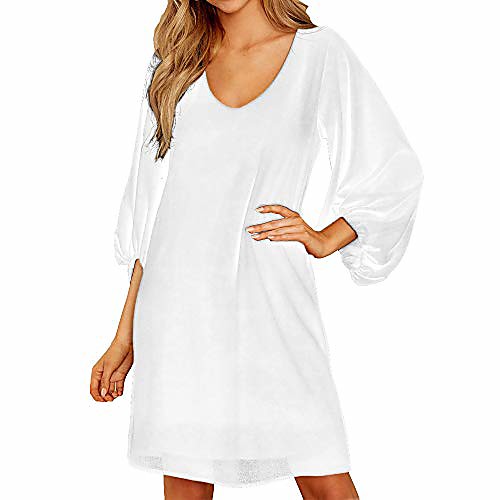 

women's casual v neck loose bubble sleeve chiffon mini dress (xl, white)