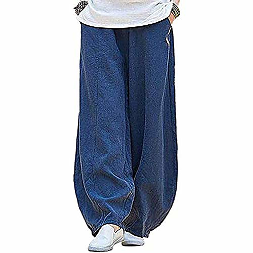 

women's casual elastic waist baggy pants loose cotton linen comfort lantern trousers dark blue tag m