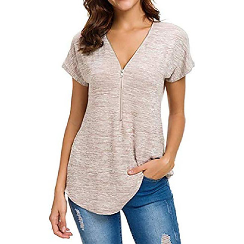 

women short sleeve v neck tops casual zip up t shirt t20 (khaki, l)