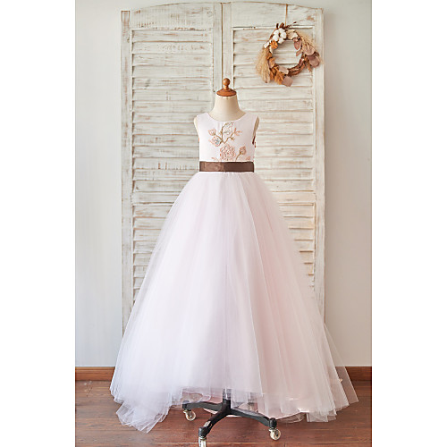 

Princess / Ball Gown Floor Length Wedding / Birthday Flower Girl Dresses - Tulle Sleeveless Jewel Neck with Belt / Embroidery