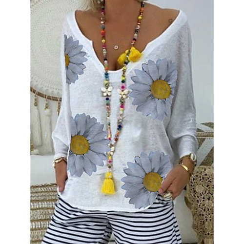 

Women's Tunic Daisy Long Sleeve Print V Neck Tops Basic Basic Top White