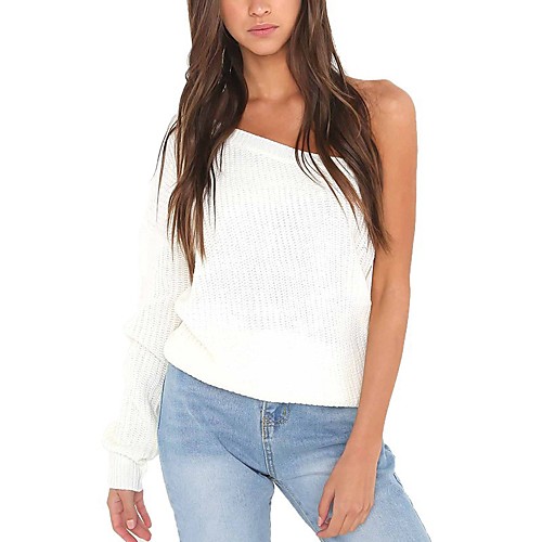 

Women's Stylish Solid Color Pullover Long Sleeve Sweater Cardigans One Shoulder Fall Spring White Khaki