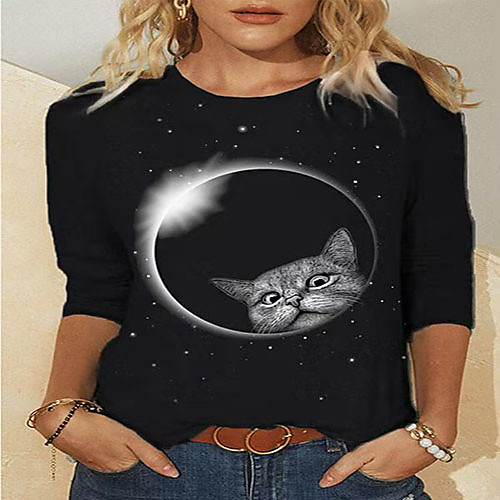 

Women's Blouse Shirt Cat Animal Long Sleeve Print Round Neck Tops Basic Top Black Blue