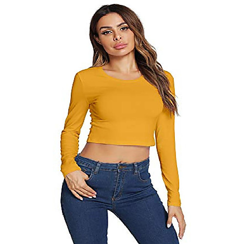 

women's basic round neck long sleeve crop top cotton stretchy sexy slim fitted shirts(yellow/s)