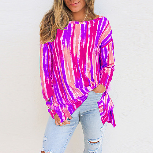 

Women's T shirt Striped Graphic Prints Long Sleeve Print Round Neck Tops Basic Basic Top Blue Purple Red