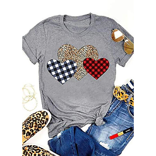 

women's buffalo plaid love heart valentines day t shirts cute short sleeve graphic tees tops (leopard, xl)