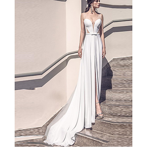 

Sheath / Column Wedding Dresses Jewel Neck Court Train Chiffon Sleeveless Beach with 2021