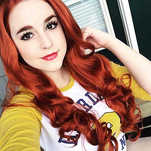 

copper red ladies wig, long wavy ginger wig heat resistant synthetic hair for cosplay costume halloween party(28inch)