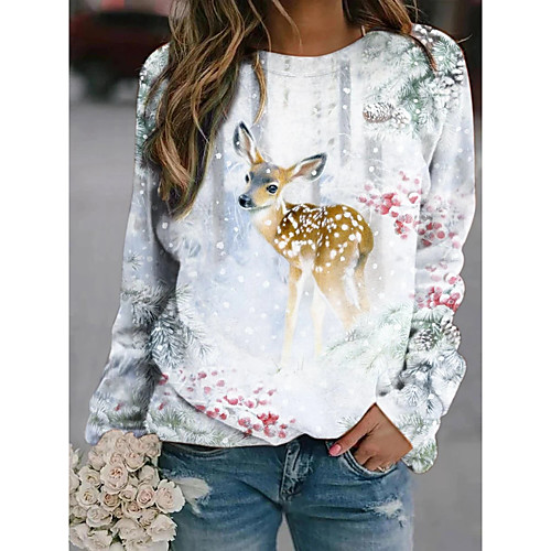 

Women's Tunic Animal Deer Long Sleeve Print Round Neck Tops Basic Top White