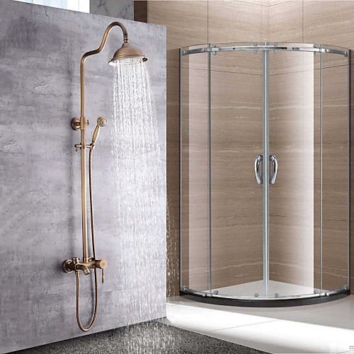 

Shower System Set - Handshower Included pullout Waterfall Vintage Style / Country Antique Brass Mount Outside Ceramic Valve Bath Shower Mixer Taps