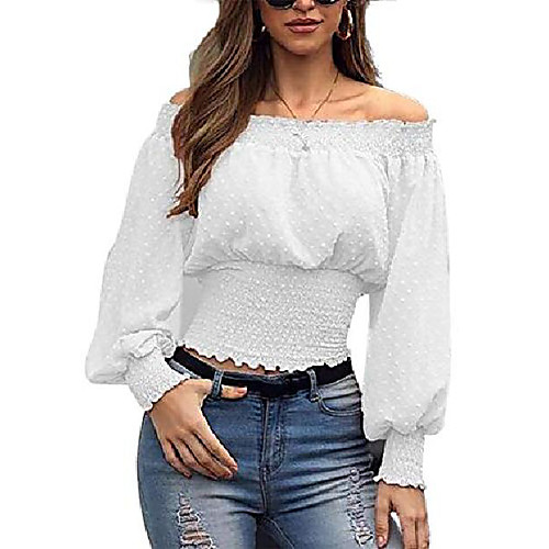 

womens off the shoulder elastic tops shirt casual loose chiffon long sleeve crop top blouse white