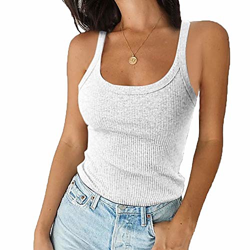 

women's sexy scoop neck tank tops ribbed spaghetti strap shirts basic solid casual camisole tees white