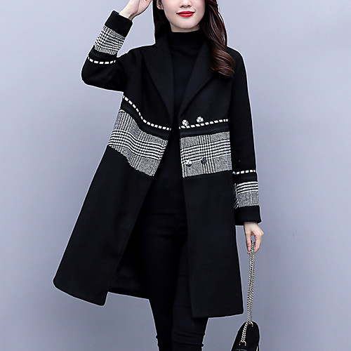 

Women's Color Block Patchwork Streetwear Fall & Winter Pea Coat Regular Work Long Sleeve Tweed Coat Tops Black