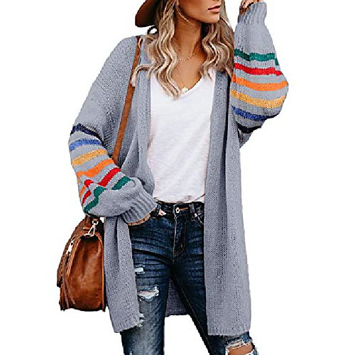 

womens long open front cardigans striped color block loose knit sweaters outwear coat s gray